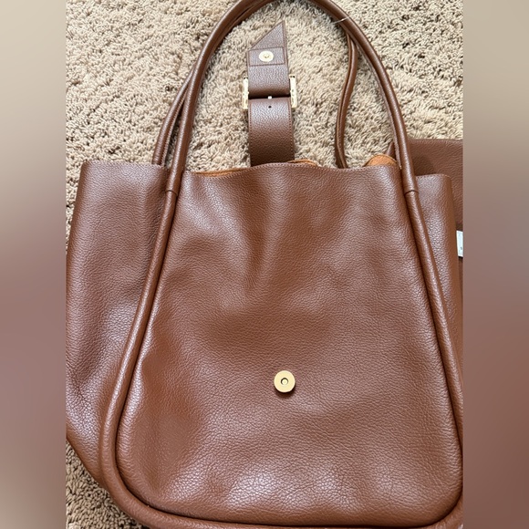 NWT new Anthropologie slouchy buckle tote bag faux leather tan brown + pouch - Picture 6 of 17